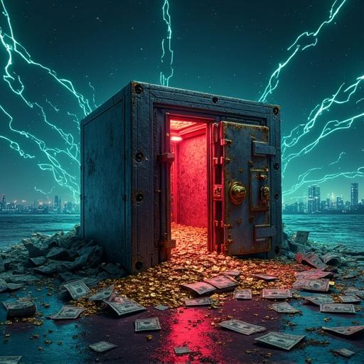 Futuristic bank vault with cracks. Vault spills gold coins and dollar bills. Digital chains glow and break apart. Dark starry sky with city skyline behind. Blend of realism and digital art.