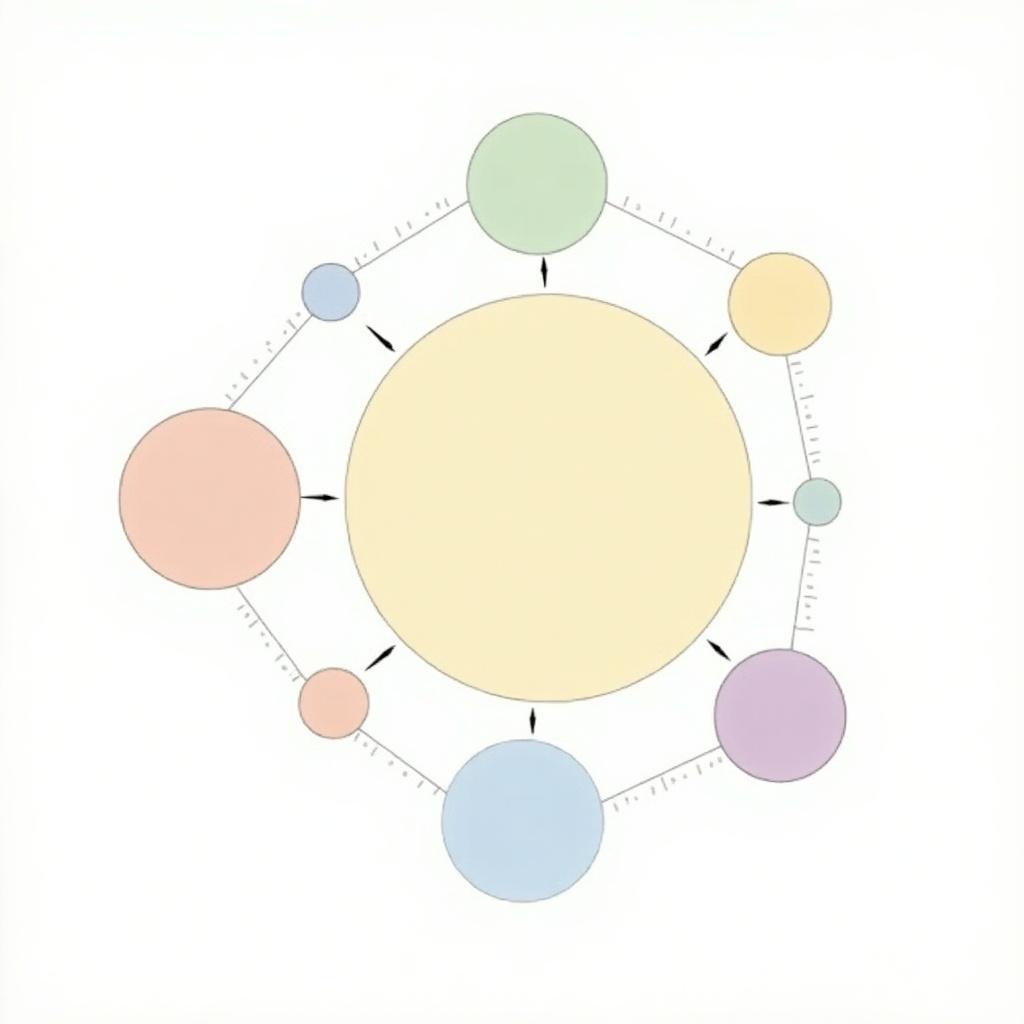 Diagram represents layout of a 2BHK flat. Central large bubble indicates main living area. Surrounding smaller bubbles represent bedrooms and other rooms. Connecting arrows denote relationships between spaces.