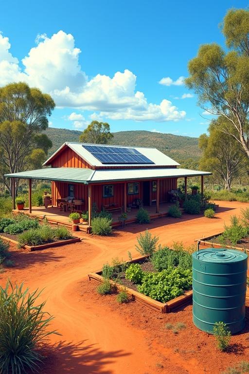 Vibrant depiction of an Australian off-grid homestead in a rural outback setting. Show queensland house with a corrugated metal roof. Surround with raised garden bed with vegetables and a rainwater tank. Include solar panels on the roof. Show firebreak of cleared land for bushfire safety. Background features dry landscape and eucalyptus trees under bright blue sky. Clear semi-realistic style.