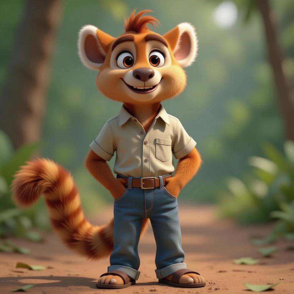 A brown lemur designed in 3D standing like a human wearing a shirt jeans and flip-flops. Character styled in Pixar 3D.