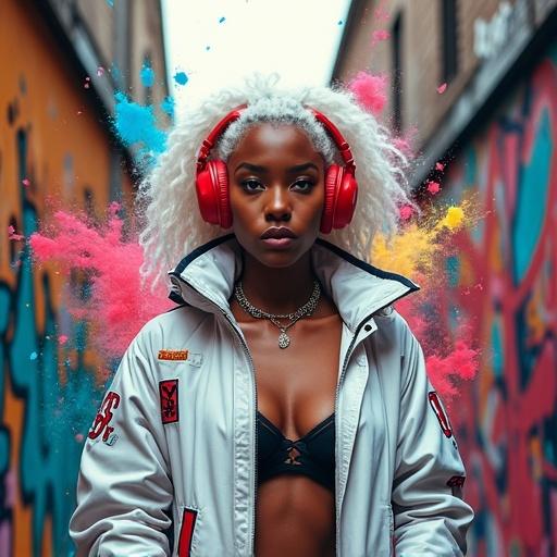 Confident urban Caribbean woman with white hair wearing red headphones and futuristic street jacket, standing in graffiti-covered alley. Colorful graffiti splashes dynamically around her. Bold street art aesthetics. Cinematic lighting. She stares defiantly into the viewer.