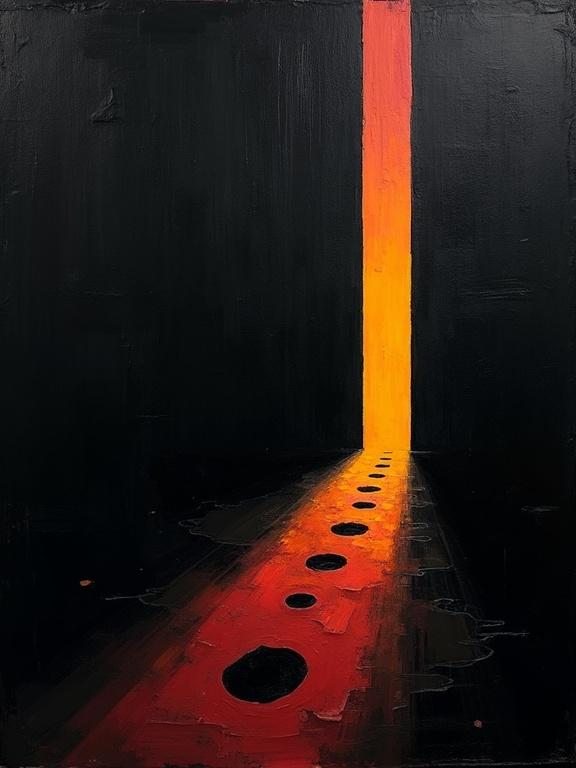 Digital abstract expressionist oil painting. Features a black background. Harsh paint strokes visible. Cubist and unfinished artistic elements present. Flat colors combine with dynamic silhouette design. Minimalist style showcases repeating voids shaped like long shadows. Shadows combine with cubist edges resembling a single set of foot prints.