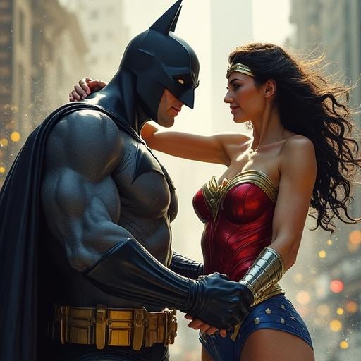 Batman and Wonder Woman stand in a dramatic pose together. They show readiness and strength. Background suggests an epic battle scene against Superman.