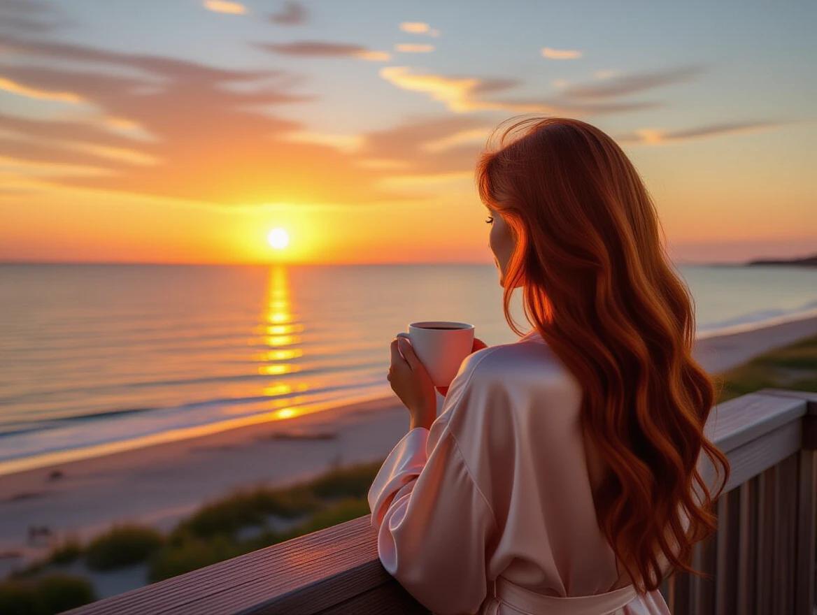 A woman with long straight red hair drinks coffee. The scene shows a beautiful sunrise over the ocean in Charleston SC. She wears a silk robe and admires the view from a balcony.