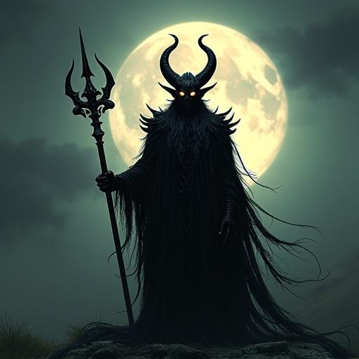 Demonic figure inspired by Asmodeus with horns and glowing eyes. Holding a trident staff. Large moon in background.