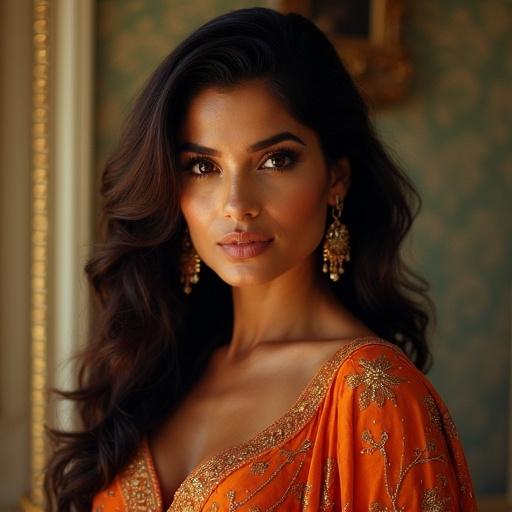 Close-up portrait of a woman in traditional Indian attire. The woman has long hair and is wearing large earrings. Focus on her facial expression and attire details.