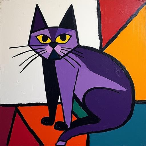 Cubist abstract painting of a purple cat. Features geometric shapes and angular designs. Incorporates bold brush strokes and sharp angles with strong contrasts. Colors are vivid with a surreal tone. The cat appears stylized and expressive.