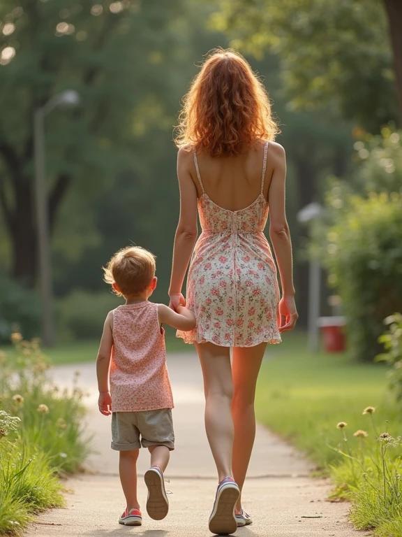 A mother walks home with her son from school. The mother wears a sundress showing her back and is a redhead. The son walks beside her holding her hand. They stroll on a pathway surrounded by greenery. Bright, soft lighting creates a warm atmosphere.