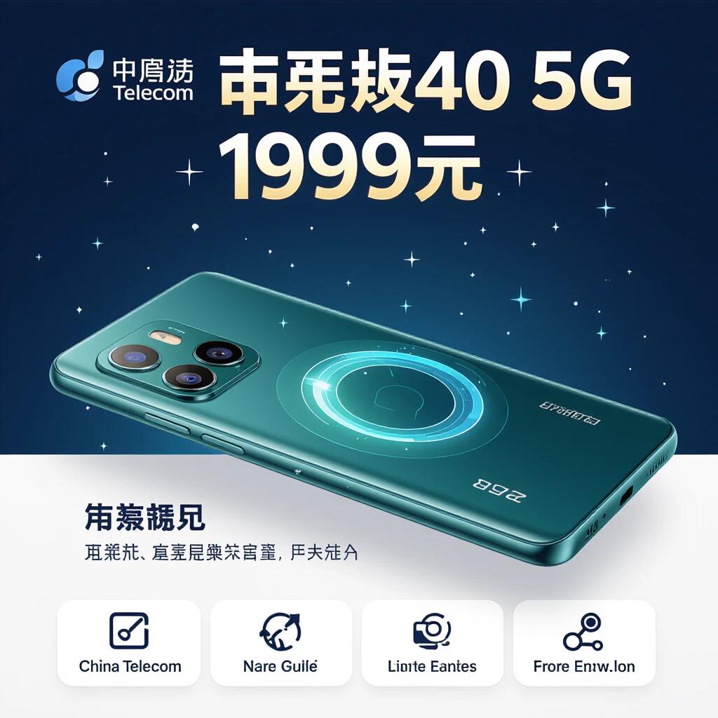 Tech product advertisement poster for a smartphone. Layout with logos in metallic gold and blue at the top-left corner. Center displays a 3D-rendered smartphone with a green and black gradient color scheme, triple rear cameras, and LED flash. Title '麦芒40 5G' in bold white font with '1999元' below. Four bullet points with icons detailing features beneath the phone. Visual style has dynamic light beams and a dark navy blue gradient background. Key features section with three gift icons at the bottom-right. Technical parameters showcase screen reflection and slim profile.