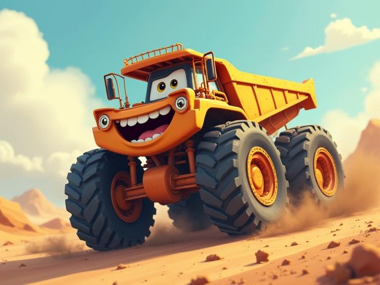 Animation features a large orange dump truck with big smiling eyes. The truck has oversized wheels turning happily on a sandy landscape. Background shows a bright sky with clouds. Setting feels cheerful and playful.