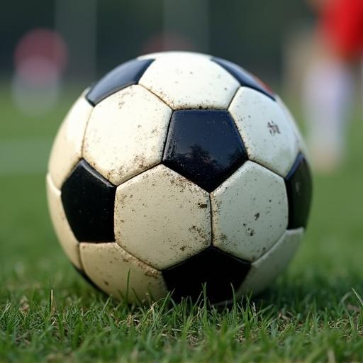 Close-up view of a dirty black and white soccer ball on green grass