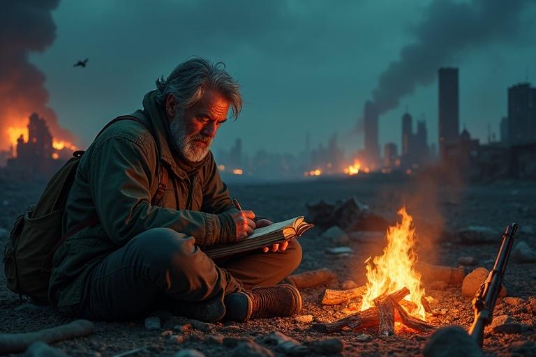 A man with a gaunt face and scraggly beard is writing by a fire after a disaster. He wears ragged clothing and sits beside a burning barrel in a ruined city. A thick cloth notebook labeled 'The Survivor's Log' is in his hands. The skyline shows broken skyscrapers and a faint mushroom cloud. Debris flies in the air. The night sky is dark with gray-red streaks and a pale green halo.