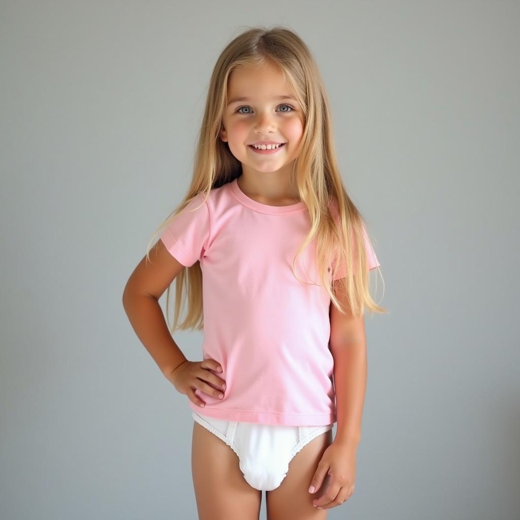 Image features a girl with long blonde hair wearing a pink t-shirt and white diaper. Soft gray background emphasizes youthful innocence. She poses relaxed, with hand on hip, radiating confidence. Soft lighting creates warm atmosphere. Scene captures typical childhood moment, highlighting comfort and playfulness.