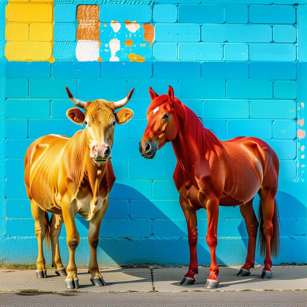 A vivid image features a blue background with a yellow cow and a red horse. The cow stands on the left and the horse on the right. Both animals have lively expressions and are well-lit. The wall behind them displays a mix of colors and textures creating a unique backdrop.