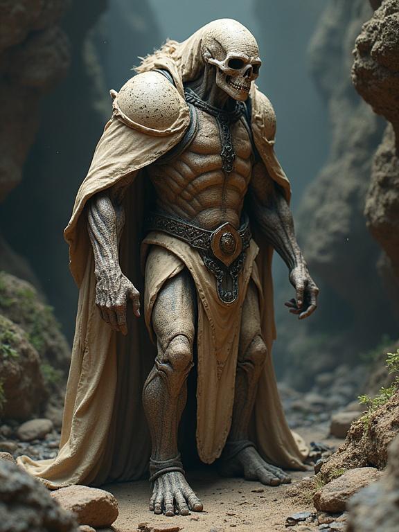 Image of a skeleton warrior in a mystical landscape. The figure has detailed muscles and wears a flowing cape. The background features rocky terrain and soft light. Evokes a sense of adventure and transformation.