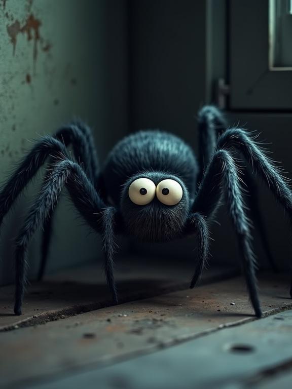 Large cartoon spider with big eyes and hairy legs lurking in a dark corner. The spider has a playful yet spooky appearance. A dramatic shadow enhances the eerie vibe.