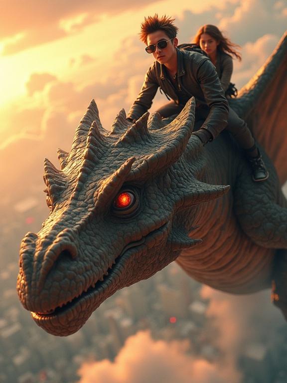 A powerful dragon with intricate scales and spikes carries two young adventurers. The man wears sunglasses and a leather jacket, looking confidently towards the right. The woman with brown hair sits behind him, looking forward. They soar above a blurred cityscape against a sunset sky filled with soft clouds. The scene is a dynamic close-up, showcasing the dragon's details and the riders' perspective.