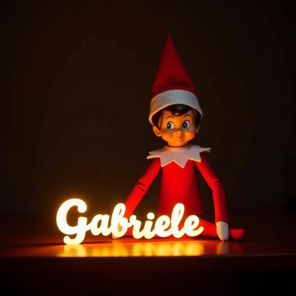 This image features a cheerful elf on the shelf character dressed in vibrant red and white attire. The elf is smiling, exuding festive joy, and is holding a glowing stick that illuminates the name 'Gabriele' in an inviting font. The background is intentionally dark to draw attention to the bright glow of the name, creating a warm and cozy holiday vibe. This scene beautifully embodies the spirit of the Christmas season, stirring up feelings of magic and delight. It's a charming representation of the beloved tradition associated with this unique elf character.