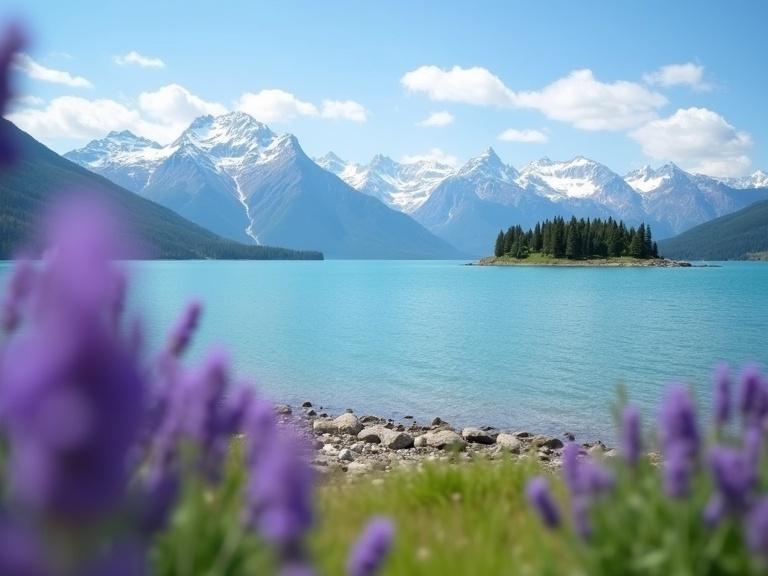 Photograph of serene lakeside landscape taken from low angle with blurred purple lavender flowers in foreground. Clear turquoise lake and snow-capped mountains in background under bright blue sky with scattered clouds during daytime. Natural light creates vibrant colors in peaceful and calm atmosphere. Distant island in lake with grassy shore and rocks.