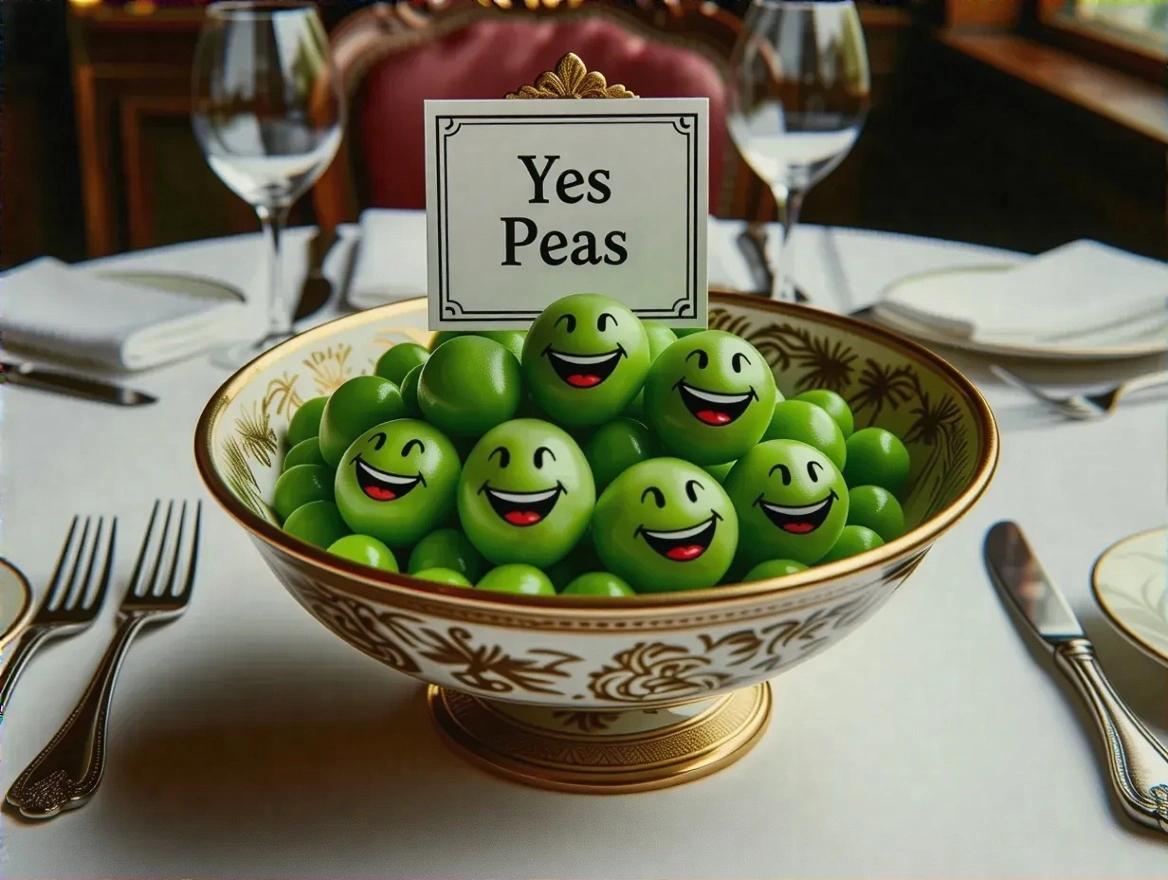 Cinematic still showcasing an elegant dining table. Bowl filled with green peas featuring happy smiling faces. A placard reads 'yes peas.'