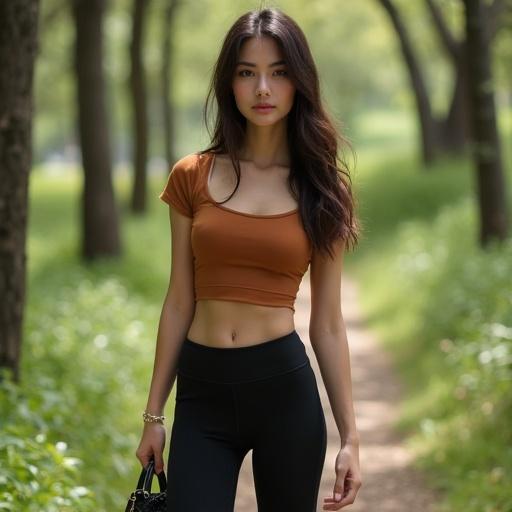 Young Asian woman with long wavy hair wearing a dark brown two-piece outfit. Top is a short sleeve crop that shows her abdomen. Bottoms are fitted leggings that go straight to her feet. She is wearing flip flop sandals and carrying a black handbag with metallic details, enjoying nature in the field.