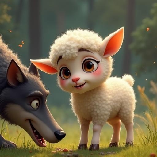 A nervous and anxious lamb with fluffy fur and large expressive eyes shows fear while biting its hooves. A wolf with a friendly demeanor leans closer.
