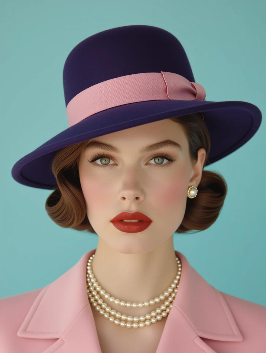 Photo of a glamorous lady wearing a stylish hat in Wes Anderson style. Bright pastel background enhances the elegance of the fashion.