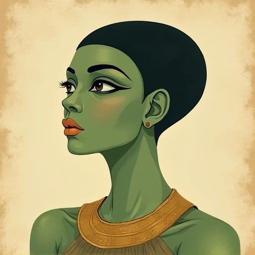Flat vintage-style portrait of serene humanoid figure in muted green color. Elegant facial features and large almond-shaped eyes. Gold accented collar detail. Minimalist soft parchment beige background with subtle paper texture. Fine pencil-outline detailing and smooth shaded skin in ancient sacred art style.