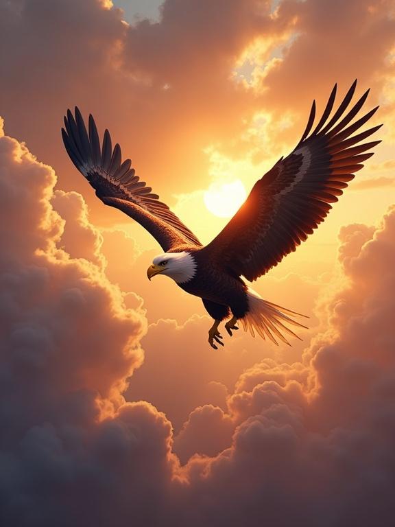 A bald eagle soaring majestically through a sunlit sky. Vibrant clouds surround the eagle during golden hour. Its wings are wide open capturing the glowing light. The scene is depicted in a hyper-realistic painterly style with intense detail.