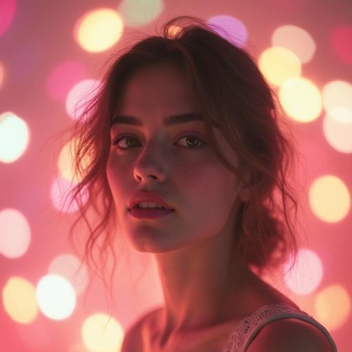 A dreamy portrait with large colorful bokeh elements in the background. Inspired by 80s photography. Featuring soft pastel shades. High contrast and film grain texture. Captured with vintage camera style.