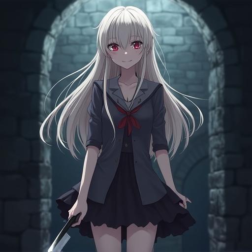 Anime girl with long light hair stands with an evil smile holding a knife in a dungeon background
