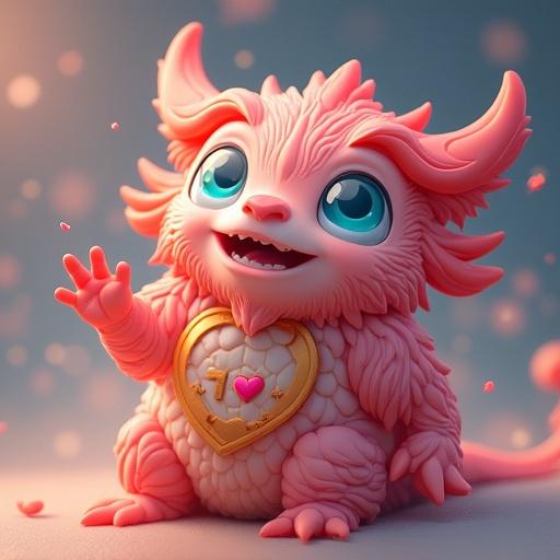Highly detailed cute pink fantasy creature with large expressive blue eyes. Character has fluffy pink fur and small horns. Creature is joyful, reaching out with one hand. Background is simple with soft gradient colors. 3D render with smooth textures and shiny aspects.