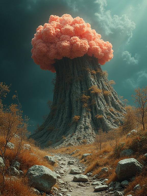 Surreal landscape featuring a large mountain with a coral cloud. Rocks and a dirt path surround the mountain. Blend styles of Jacek Jerka, Wojtek Siudmak, and Zdzisław Beksiński.