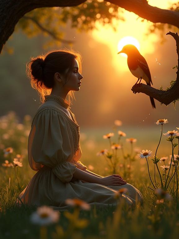 Hyper-detailed cinematic composition captures a melancholic sunset in a garden. A woman kneels on grass illuminated by golden light. A Nightingale sits on an oak branch. Bioluminescent fireflies and daisies enhance the scene.