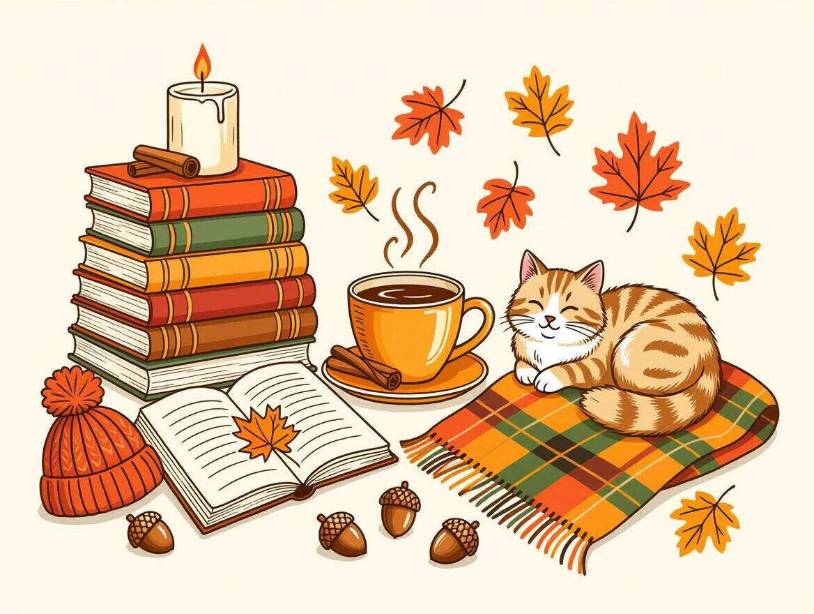 Hand drawn illustration of cozy autumn elements arranged horizontally. Stack of colorful books with candle on top. Open journal with fall leaf bookmark. Steaming teacup with cinnamon sticks. Fluffy cat curled on plaid scarf. Scattered acorns. Chunky knit hat. Whimsical fall leaves swirling. Warm autumn tones. Soft stitched-texture look. Vintage cozy aesthetic. No text. Transparent background.