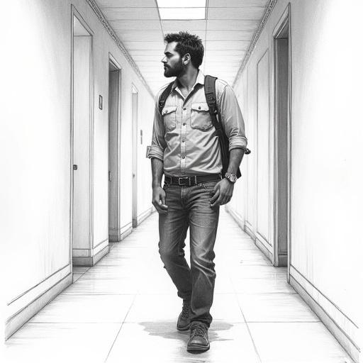 Highly detailed hyper-realistic pencil sketch of Krish in a corridor. He dresses in a light blue shirt and dark jeans. Krish represents a moment of exhaustion and resolve. The angle is wide shot and bird’s eye view. Monochrome aesthetic emphasizes isolation and reflection.