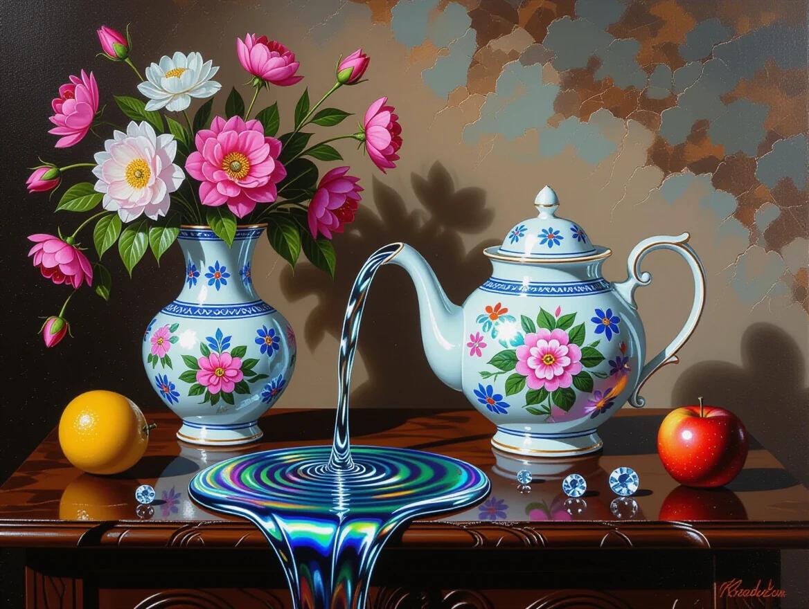 A surrealist still life oil painting features a dark carved wood table with a porcelain teapot and flower vase in Khokhloma style. Viscous holographic liquid flow brightly from the teapot. A mix of fruits and gems complement the scene.