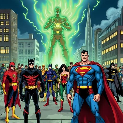 In the DC Comics universe, Justice League Unlimited animated series. Battle in Metropolis. Justice League characters featured. Superman, Batman, Wonder Woman, Flash, Green Lantern, Martian Manhunter, and others in action against Mordru. Background action includes Alam Moore's Sandman. Giants appear from previous episodes. Style emulates Justice League Unlimited animation.