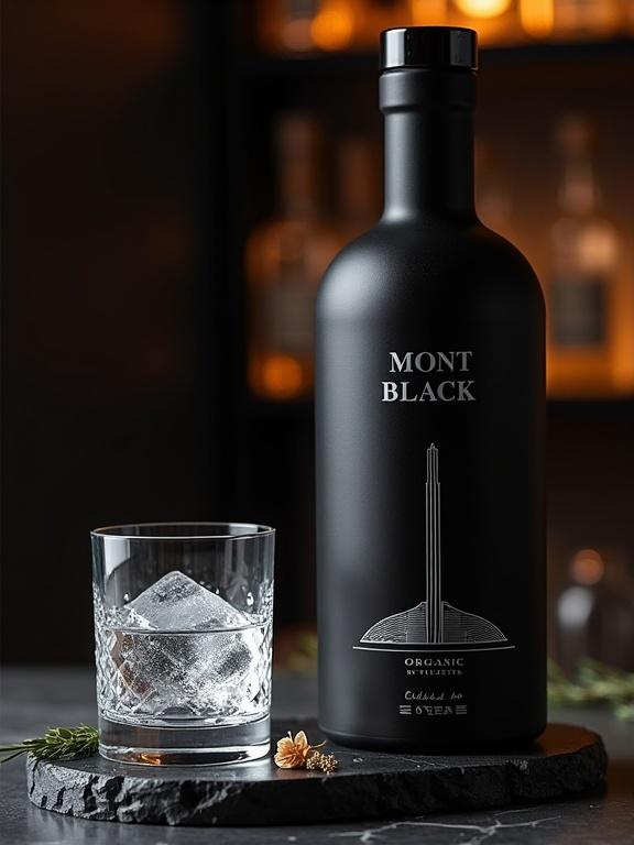 Photograph of Mont Black vodka in a luxury setting. Black bottle with platinum logo. Positioned on a dark stone slab. Crystal glass with ice cube. Warm ambient background. High-contrast lighting emphasizes bottle details. Elegant botanical accents.