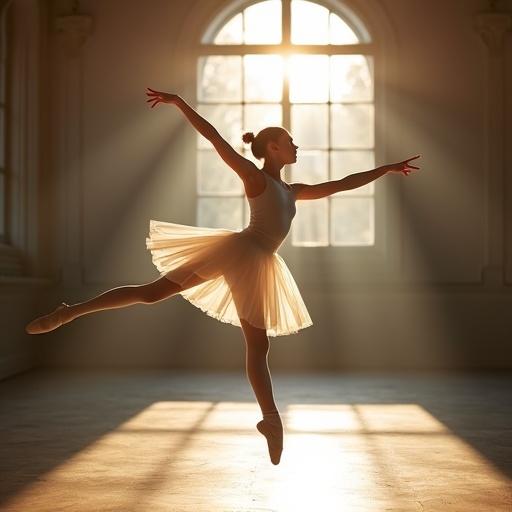 Young Norwegian ballerina performing grand jeté in a well-lit studio. Dancer wears white sheer leotard and wool leg warmers. No tutu or pantyhose. Sunlight creates backlight effect.