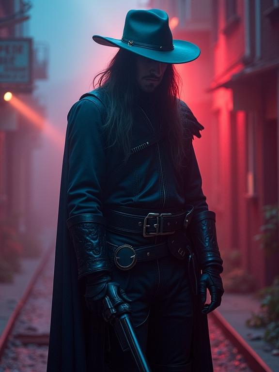 Depiction of a thief in a cyberpunk setting. Features a cloaked figure with a cowboy hat, standing in a misty alley. The scene is illuminated by vibrant hues and laser lighting, reflecting a mix of medieval and futuristic elements. Emphasizes high-quality artwork.