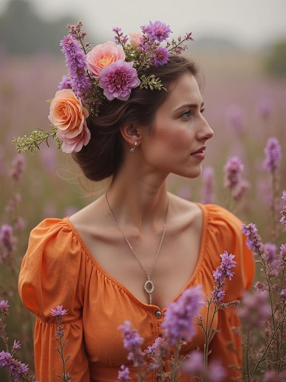 Woman with flowers in hair poses in a field of purple flowers. Wearing an orange blouse. Natural setting with soft light.