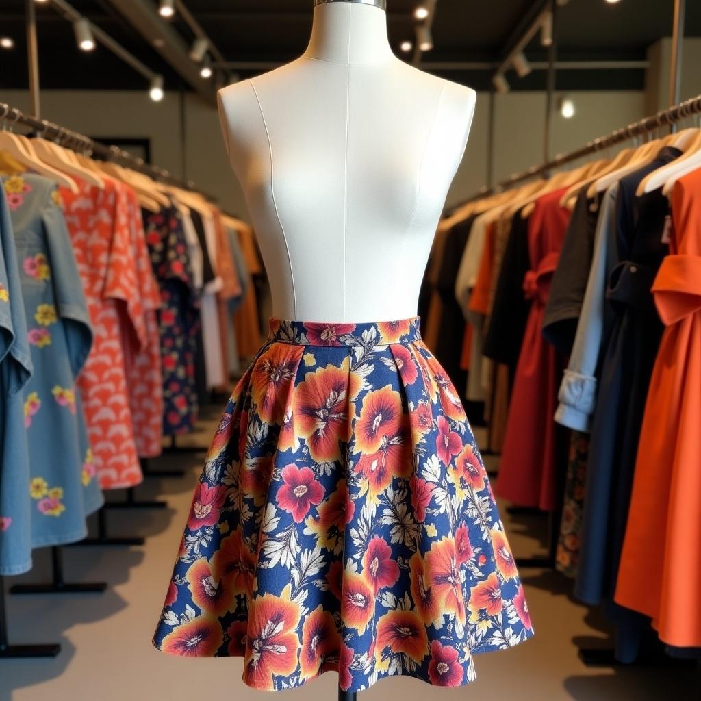 Floral printed mini skirt displayed on a mannequin inside a fashion boutique. Other clothing items in the background showcase a vibrant collection.