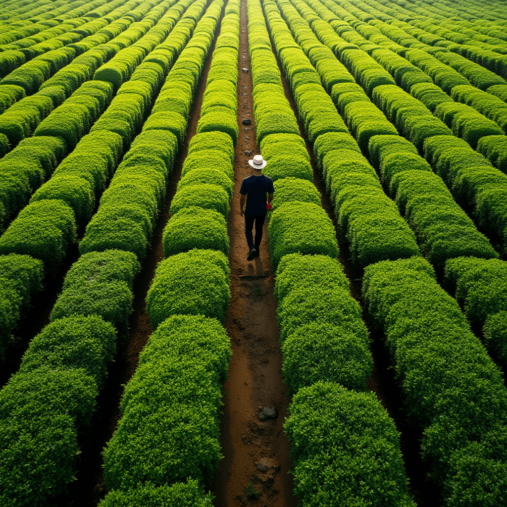 A person in a hat walks through lush green rows of plants, creating a sense of tranquility.