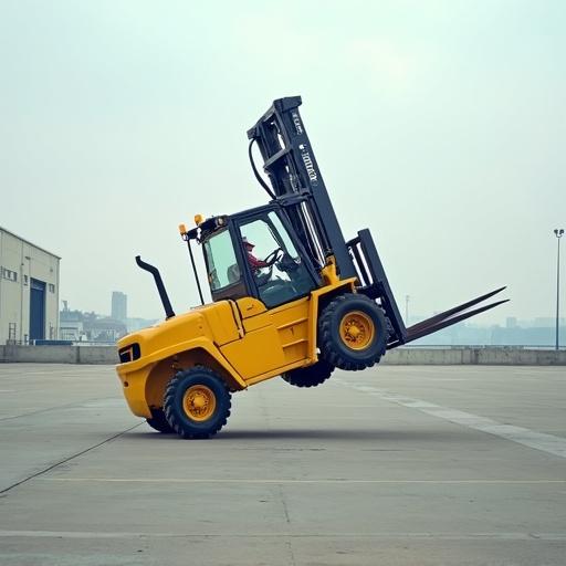 A yellow forklift balances on the tip of a single fork in an empty industrial area. The background shows concrete pavement and a distant skyline. Wide-angle view captures unique perspective.