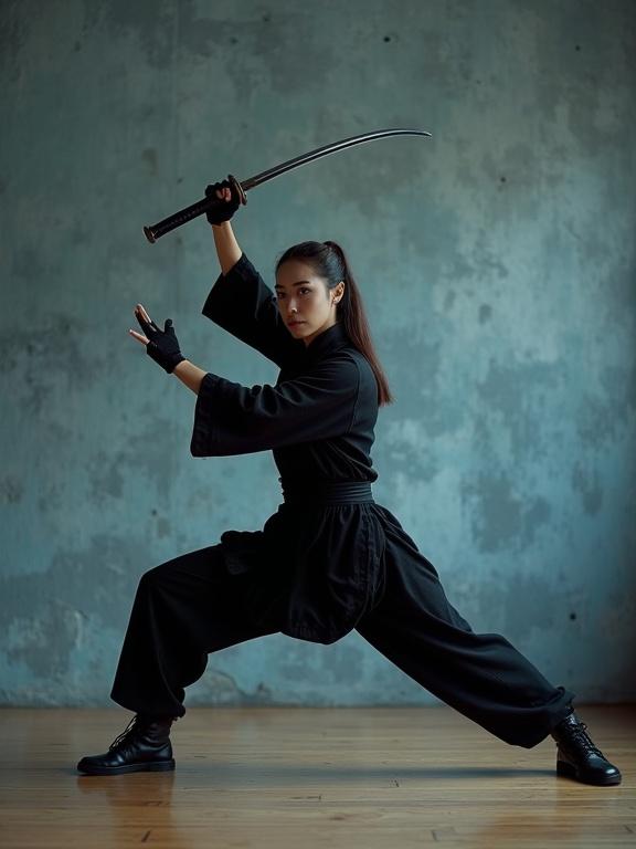 Young woman in dynamic kung fu stance with katana. Right hand grips katana raised above shoulder. Left hand extends forward with palm down. Body is angled sharply with left knee bent and right leg extended back. Wearing black martial arts outfit with gloves and boots. Background is a textured blue-grey concrete wall with dim lighting.