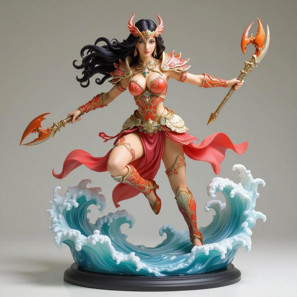 Dynamically posed 3D figurine of Cancer zodiac goddess. Wears coral-style armor in orange, red, pink hues. Tight and sensual with shell motifs. Leaps on wave-like water base. Weapons are crab-claw-shaped daggers in shiny steel. Long, dark hair flows with movement. Ultra-detailed rendering with studio lighting.