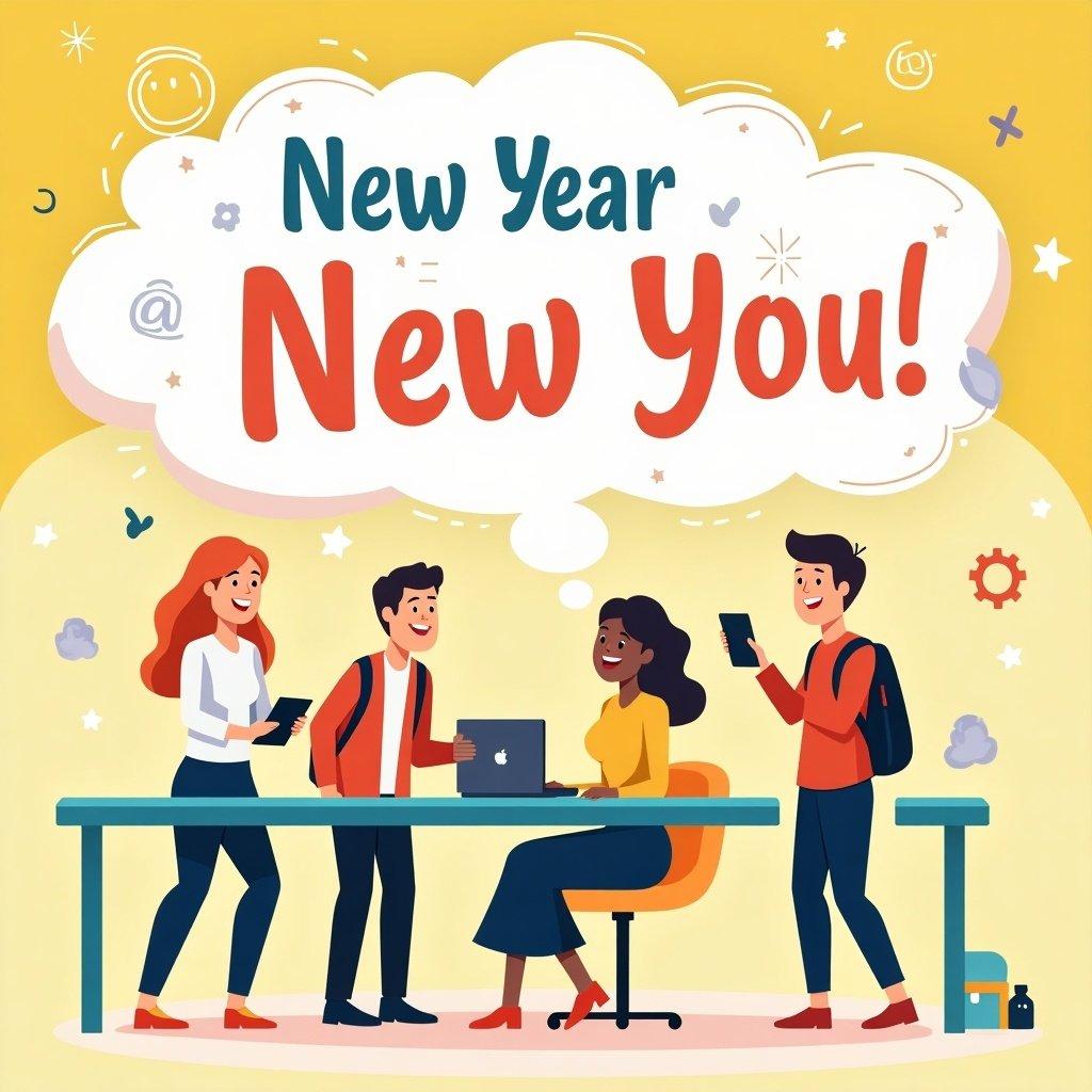 Animation depicting a New Year theme. Text in a thought bubble emphasizes 'New Year @ New You!'. Characters celebrate career change at a desk with gadgets.