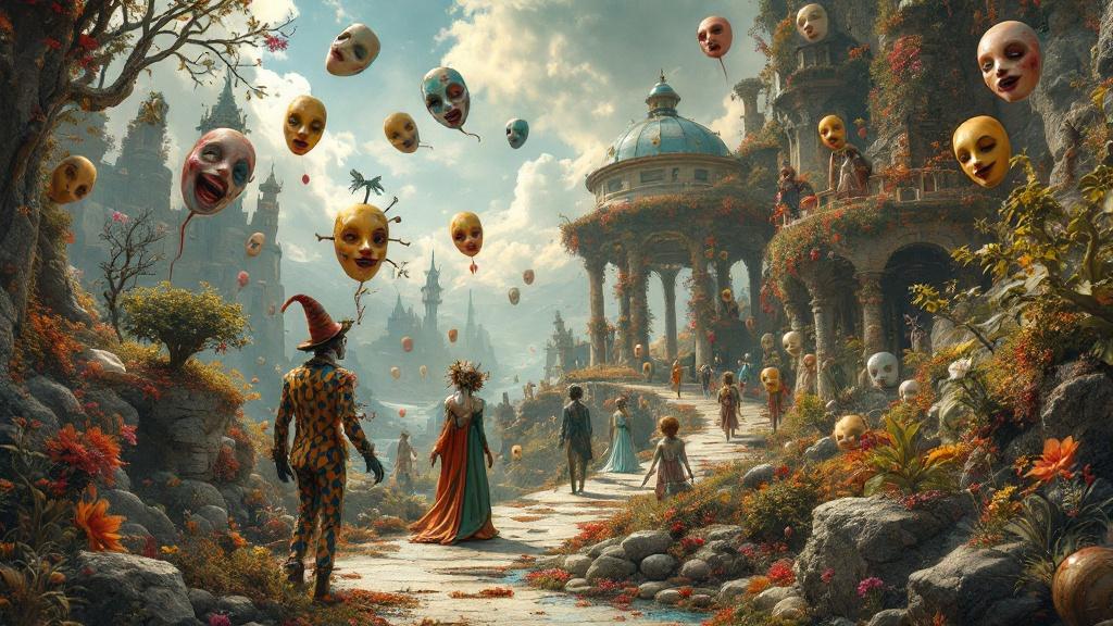 Surreal scenery depicting Commedia dell'Arte world. Colorful characters stroll through a fantastical landscape with balloons and masks. The art style resembles Wojtek Siudmak. Digital art captures vivid details and creative elements.