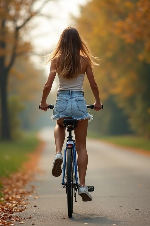 A slim girl rides a bike through a beautiful autumn landscape. She wears a miniskirt and has long hair flowing behind her. The pathway is serene, surrounded by fall foliage. The perspective captures her back view as she enjoys the ride.